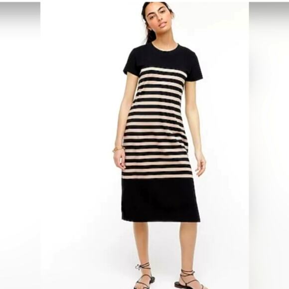 J. Crew Striped Black and Tan T- Shirt Midi Dress Small NWT - Picture 1 of 7